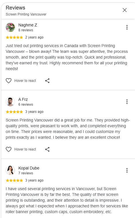 Screen Printing Vancouver printing reviews by clients used their printing services in Vancouver
